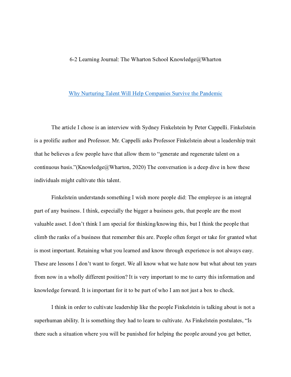 Preview image for Learning Journaln|    6-2 Learning Journal: The Wharton School Knowledge@Wharton  Why